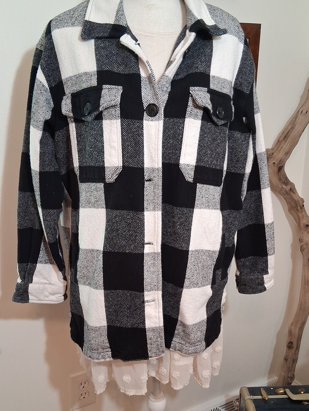 Lucky Brand Black and White Buffalo Plaid Shirt Jacket